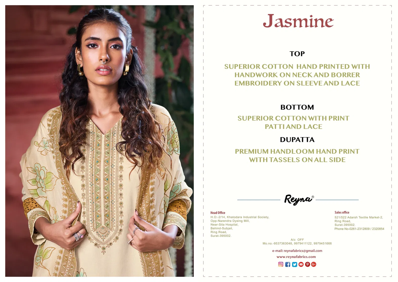 Jasmine By Reyna Cotton Printed Embroidery Dress Material Wholesale Online
